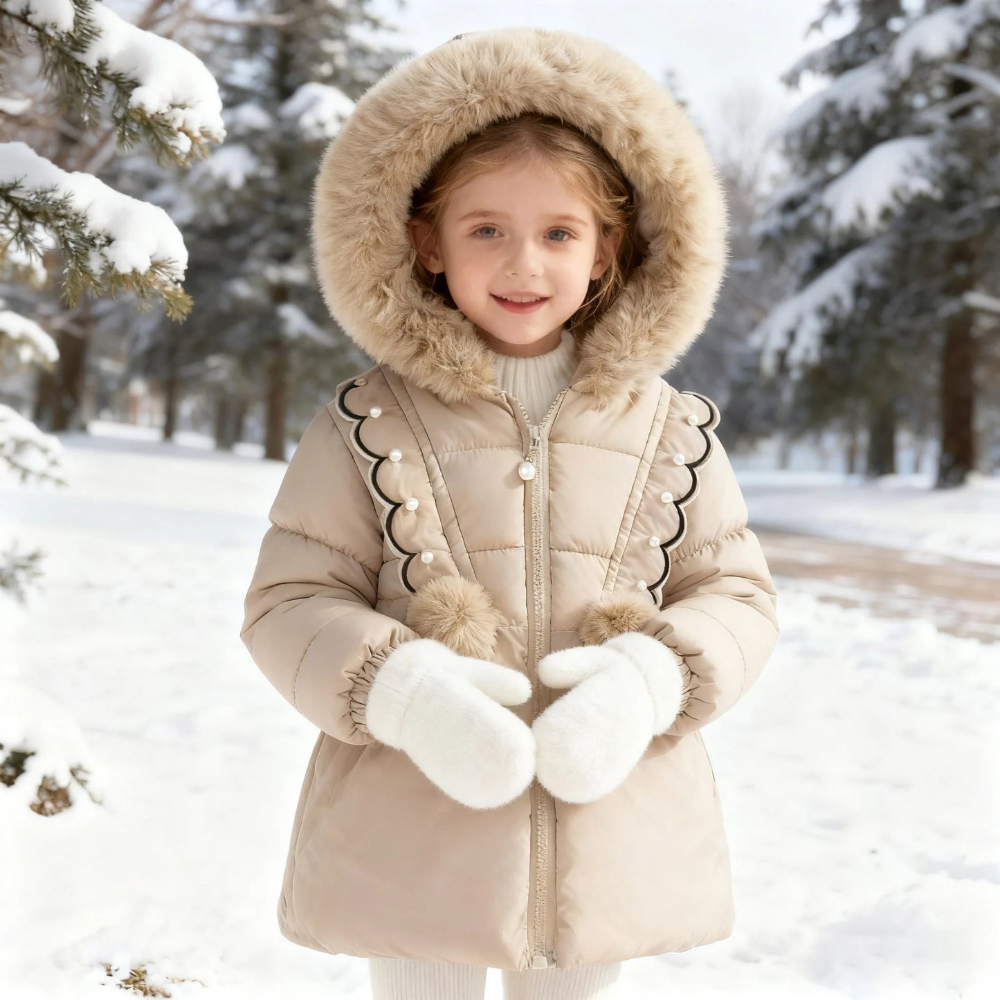 2025 Hooded Windproof coat Winter Girls Outwear Children Thick Cotton Coat Kids Girls Warm Pearls Jacket Plush Collar Outdorr