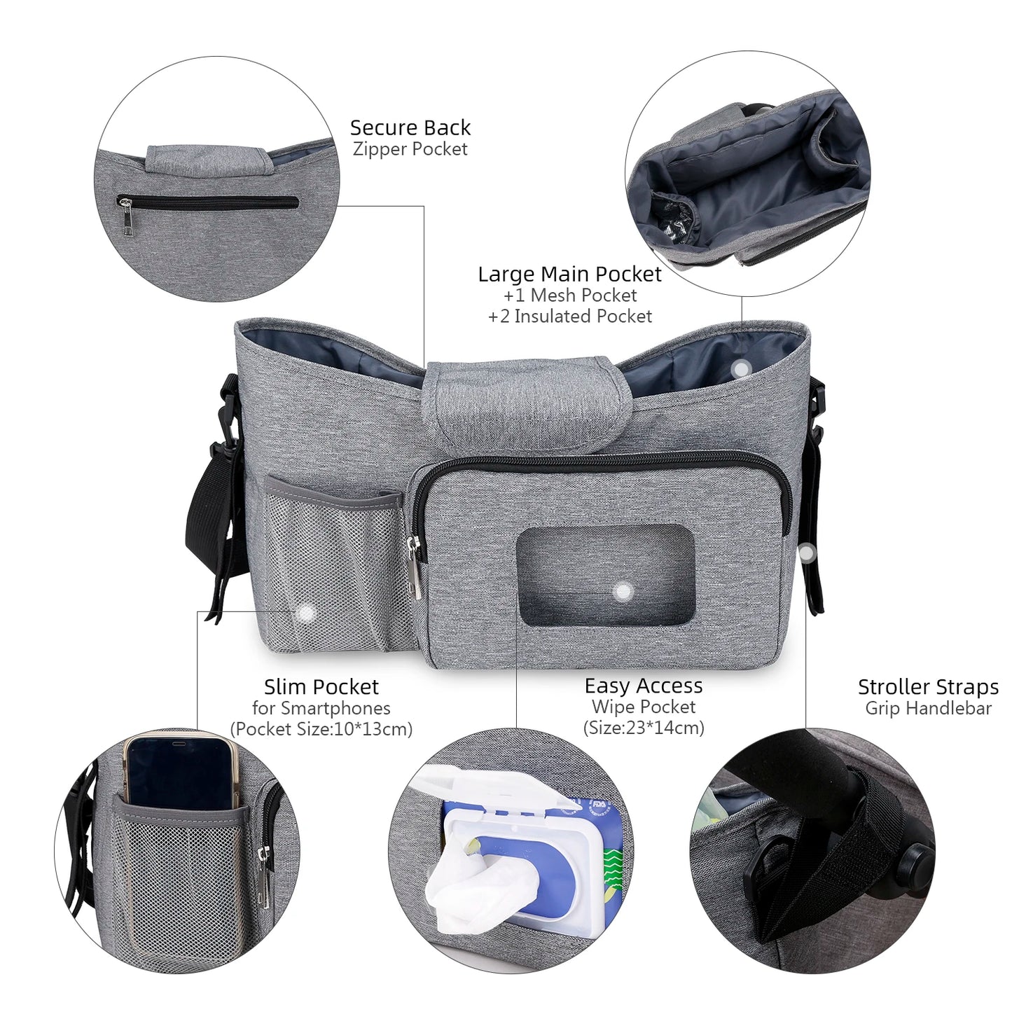 aby Small Diaper Bag Stroller Organizer with Insulated Cup Holder& Shoulder Strap Mini Stroller Storage Pouch for Outdoor