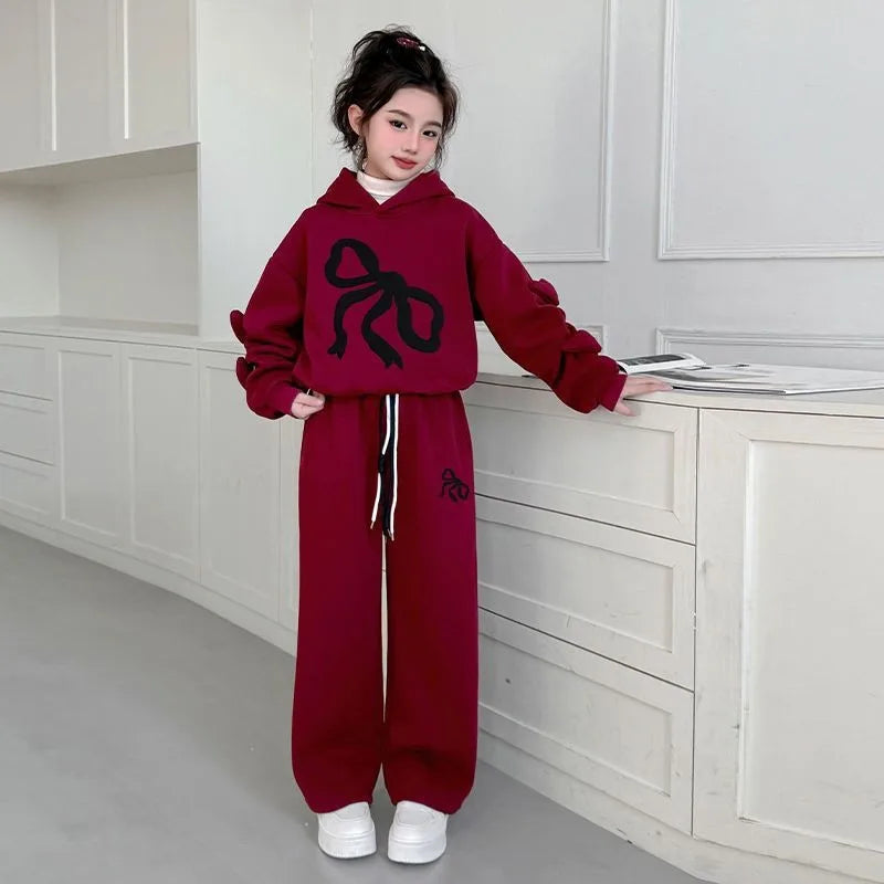 Fleece-lined Top & Pants 2-Piece Set Hoodies Bow Girls' Outfits Children's Clothing Korean Kids Clothes 11 12 Years Girl 10 Old