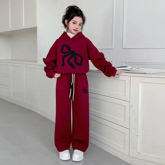 Fleece-lined Top & Pants 2-Piece Set Hoodies Bow Girls' Outfits Children's Clothing Korean Kids Clothes 11 12 Years Girl 10 Old