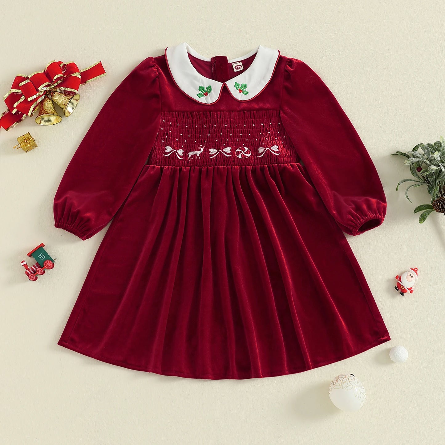 Toddler Red Plaid Christmas Dress with Bow and Reindeer Embroidery Smocked Long Sleeve Doll Collar Winter Outfit Adorable