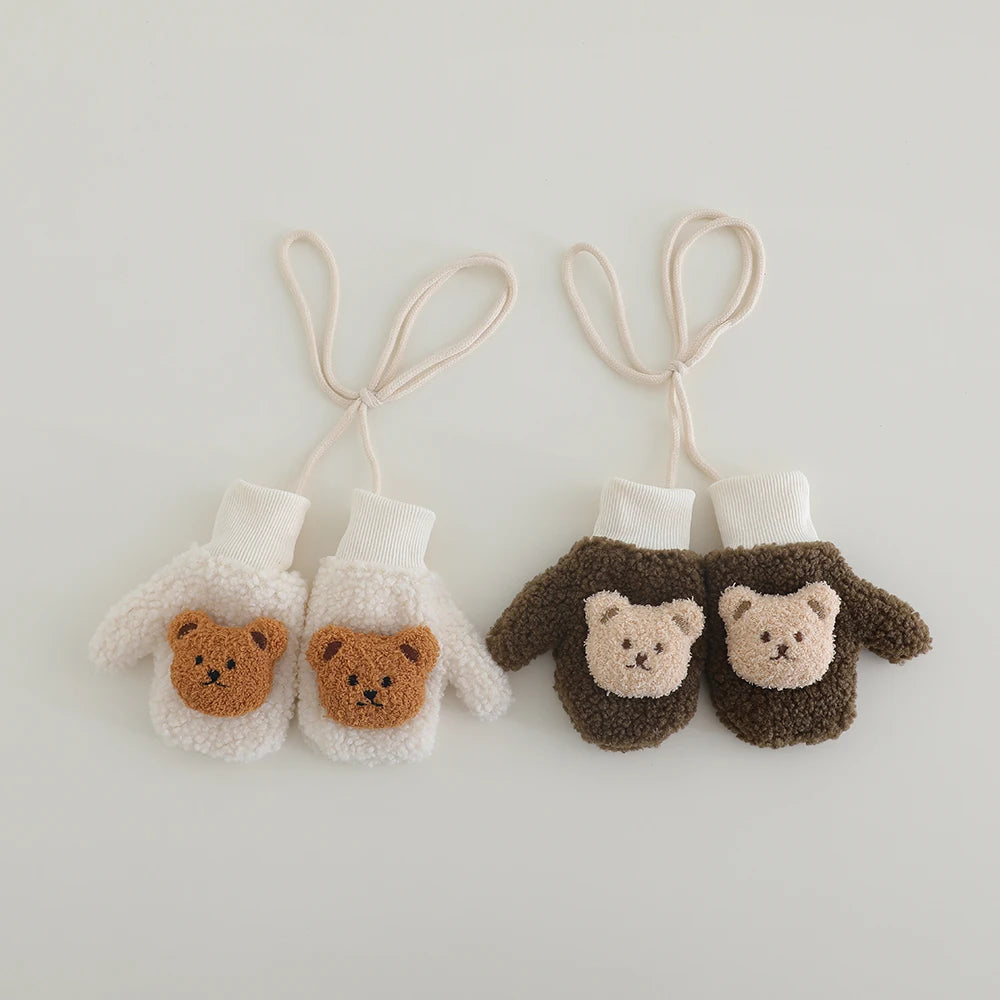 2-5Y Kids Cute Bear Full Finger Gloves - Winter Lamb Wool Warm Windproof Cold-Proof Outdoor Mittens for Boys & Girls