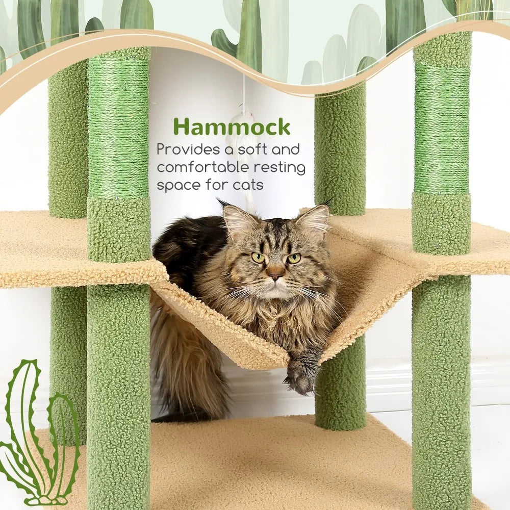 Cactus Cat Tree Tower 76-Inch Extra Tall Multi-Level Cat Furniture with Cozy Condos, Interactive Toys and Perches for Large Cats