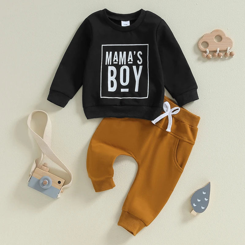 Toddler Baby Boy Fall Winter Clothes Mamas Little Boy Outfit Letter Long Sleeve Sweatshirts and Jogger Pants Set