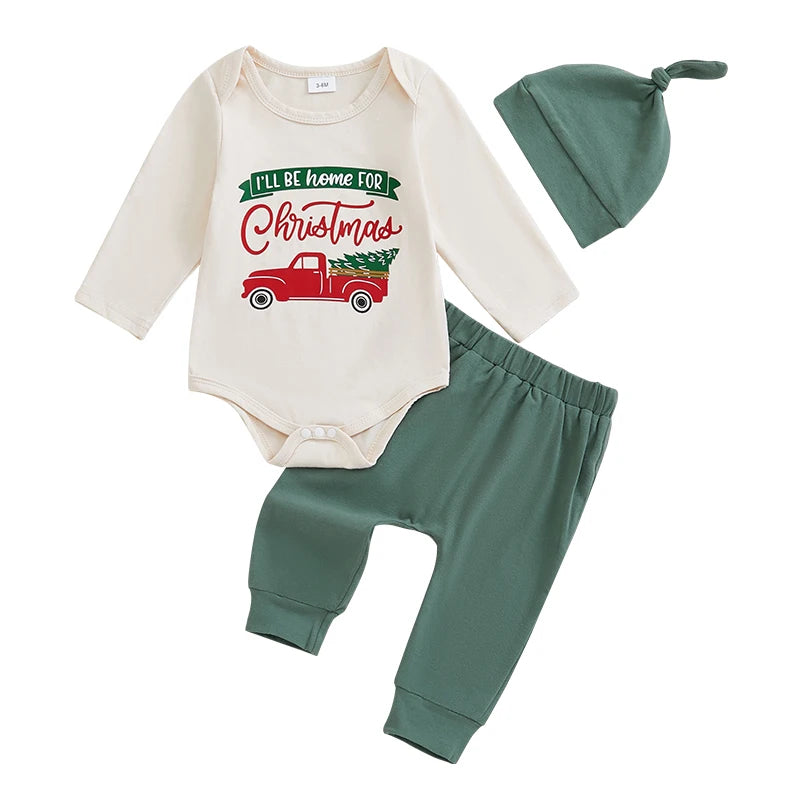 Infant Christmas Outfit Adorable Long Sleeve Romper with Tree Print Matching Pants and Hat for Baby Boy s Holiday Look