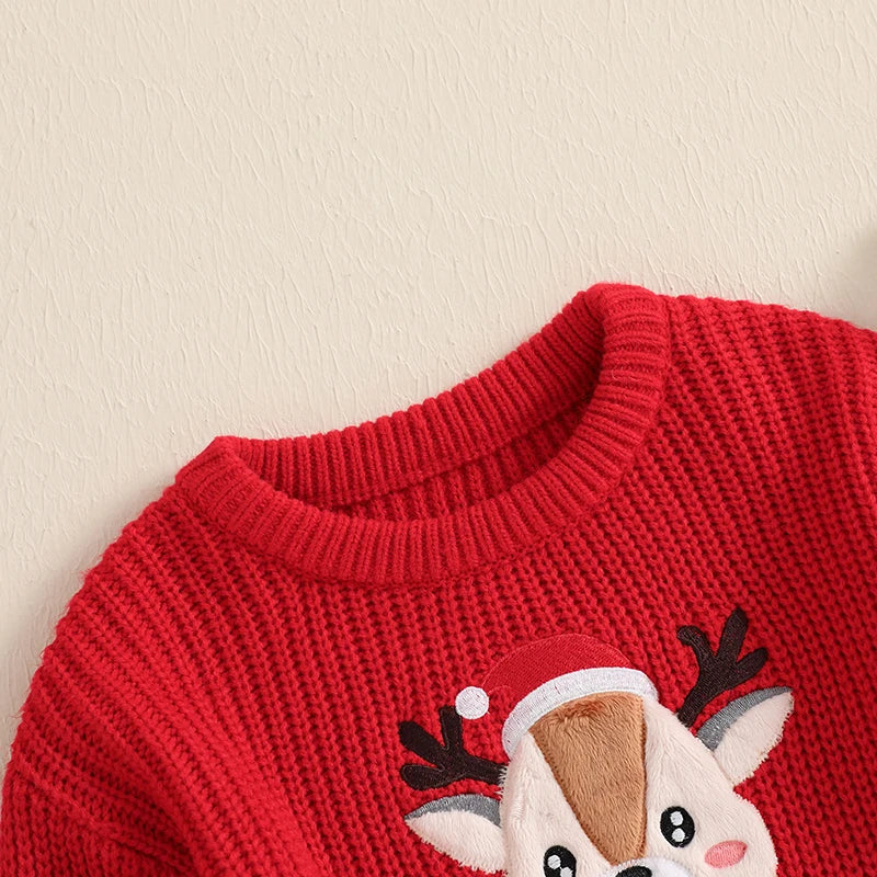 Toddler Holiday Sweater Cozy Knitted Reindeer Pattern Crew Neck Pullover Festive Christmas Jumper for Kids
