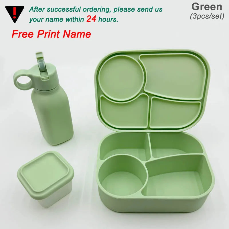 Personalized Name Silicone Lunch Bento Box Straw Water Bottle Sets Camping Picnic Food Drinkware Container Sippy Bottle For Kids