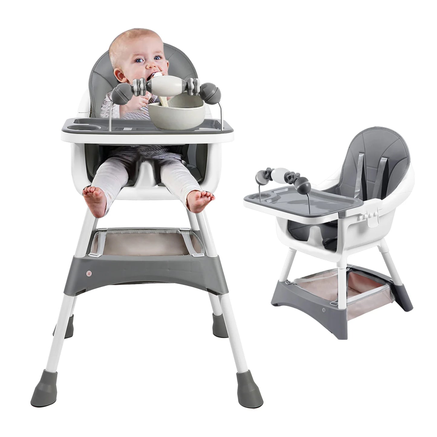 Baby High Chair, Portable Baby Dining Chairs Eat & Play Convertible High Chair with Double-Layer Dinner Plate and Toy Rack