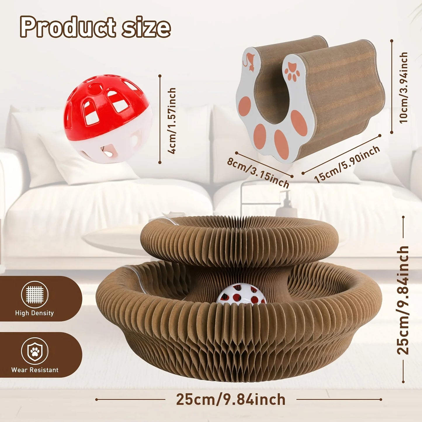 Kitty Curlz Cat Scratching Board (1/2pcs) – Foldable, Recyclable,Scratch-Resistant Toy with Ball for Fun Interactive Indoor Play