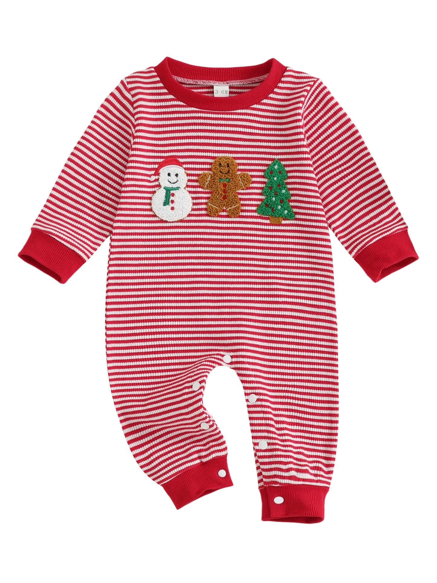 Infant Unisex Winter Romper Snowflake Embroidery Round Neck Long Sleeve Cozy Striped  for Holiday Season