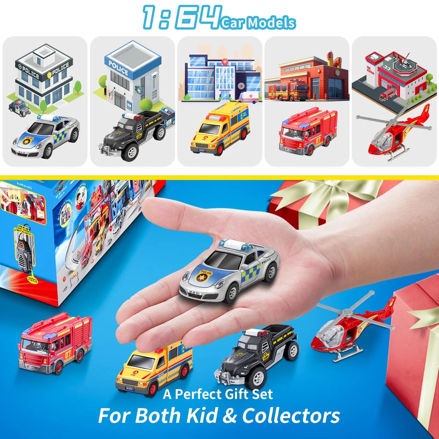 Kids Toys 29.5'' Large City Action Rescue Vehicle Toddler Police Fire Station Transform Track with 4 Cars Helicopter Gifts for3+