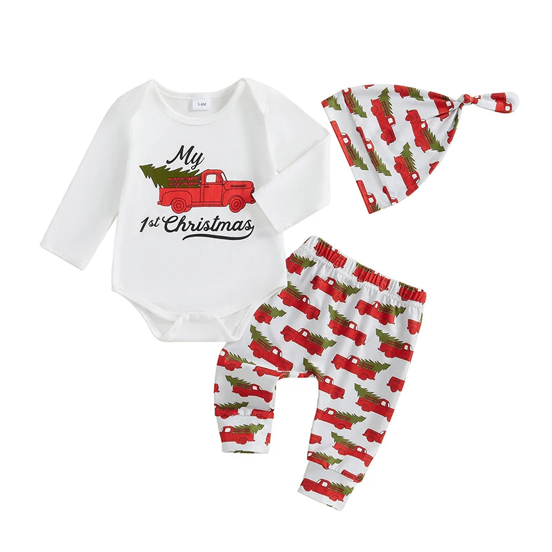3Pcs Baby Christmas Outfits Long Sleeve Truck Print Romper Pants Hat Set Infant Clothes