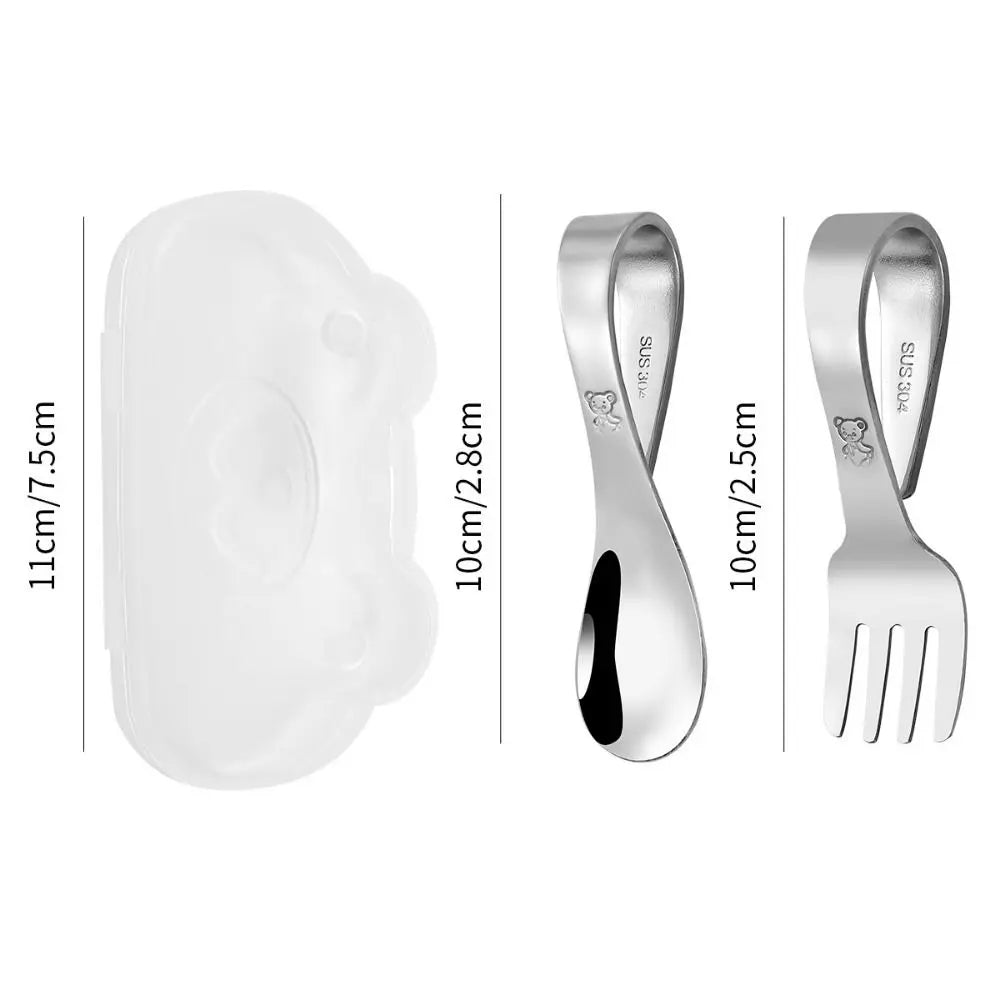Stainless Steel Baby Forks and Spoons Set with Storage Box Curved Handle Cute Training Spoon Fork Food-grade Portable
