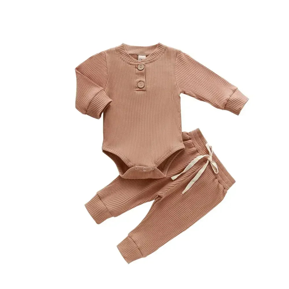 Spring Autumn Newborn Infant 2PCs Clothes Set for Boys & Girls Ribbed/Plaid/Solid Long Sleeve Bodysuit + Elastic Pants