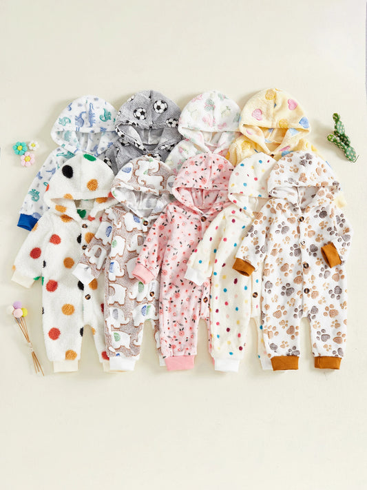 Adorable Baby Hooded Romper with Fun Animal Print Cozy Fleece Jumpsuit for Boys and Girls Long Sleeve Winter Outfit