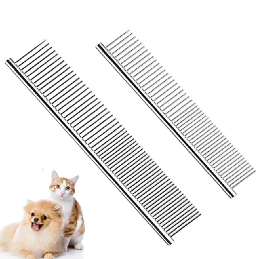 2 Pack Metal Dog Comb with Rounded Teeth for Grooming Pets Stainless Steel Cat and Dog Comb to Remove Tangles and Knots Easily
