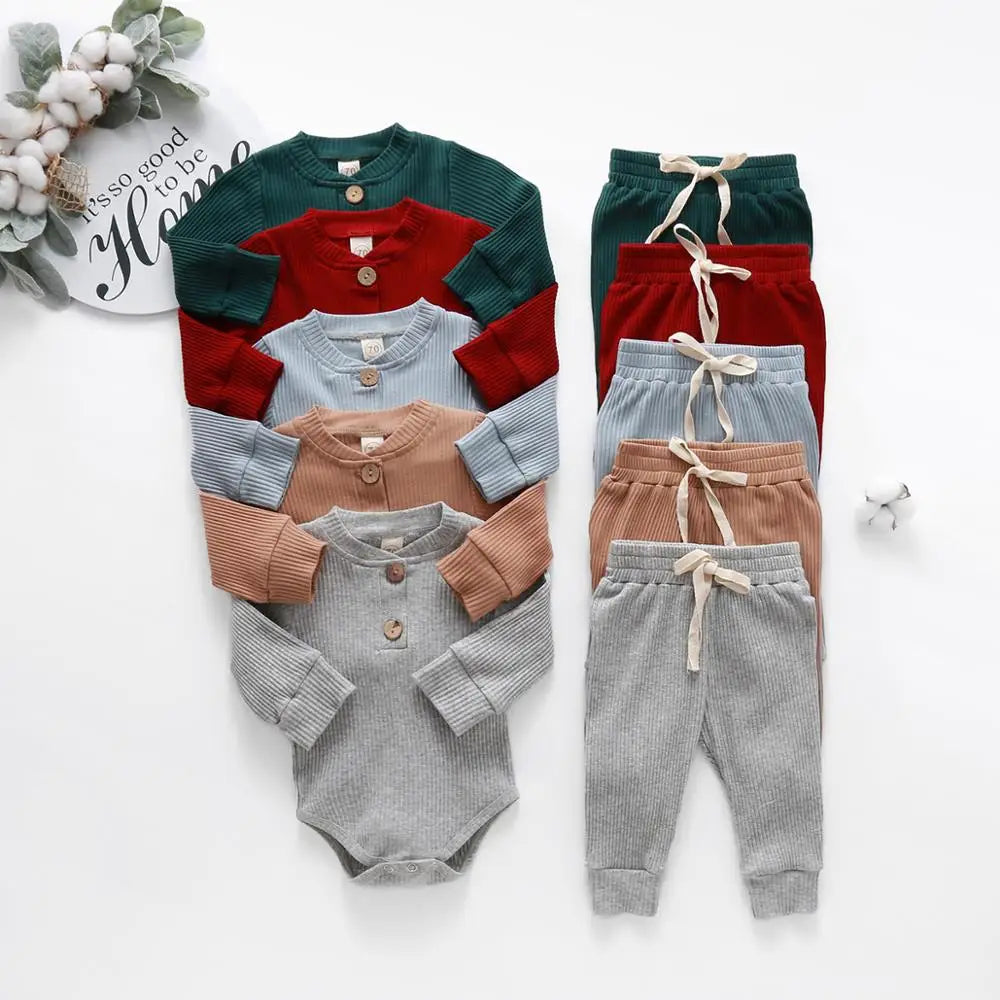 Spring Autumn Newborn Infant 2PCs Clothes Set for Boys & Girls Ribbed/Plaid/Solid Long Sleeve Bodysuit + Elastic Pants