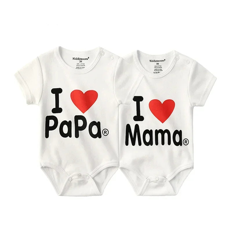 Newborn Twin 2 Pcs Baby Bodysuits - Four Seasons 100% Soft Cotton "I love Papa Mama" Onesies for Boys Girls