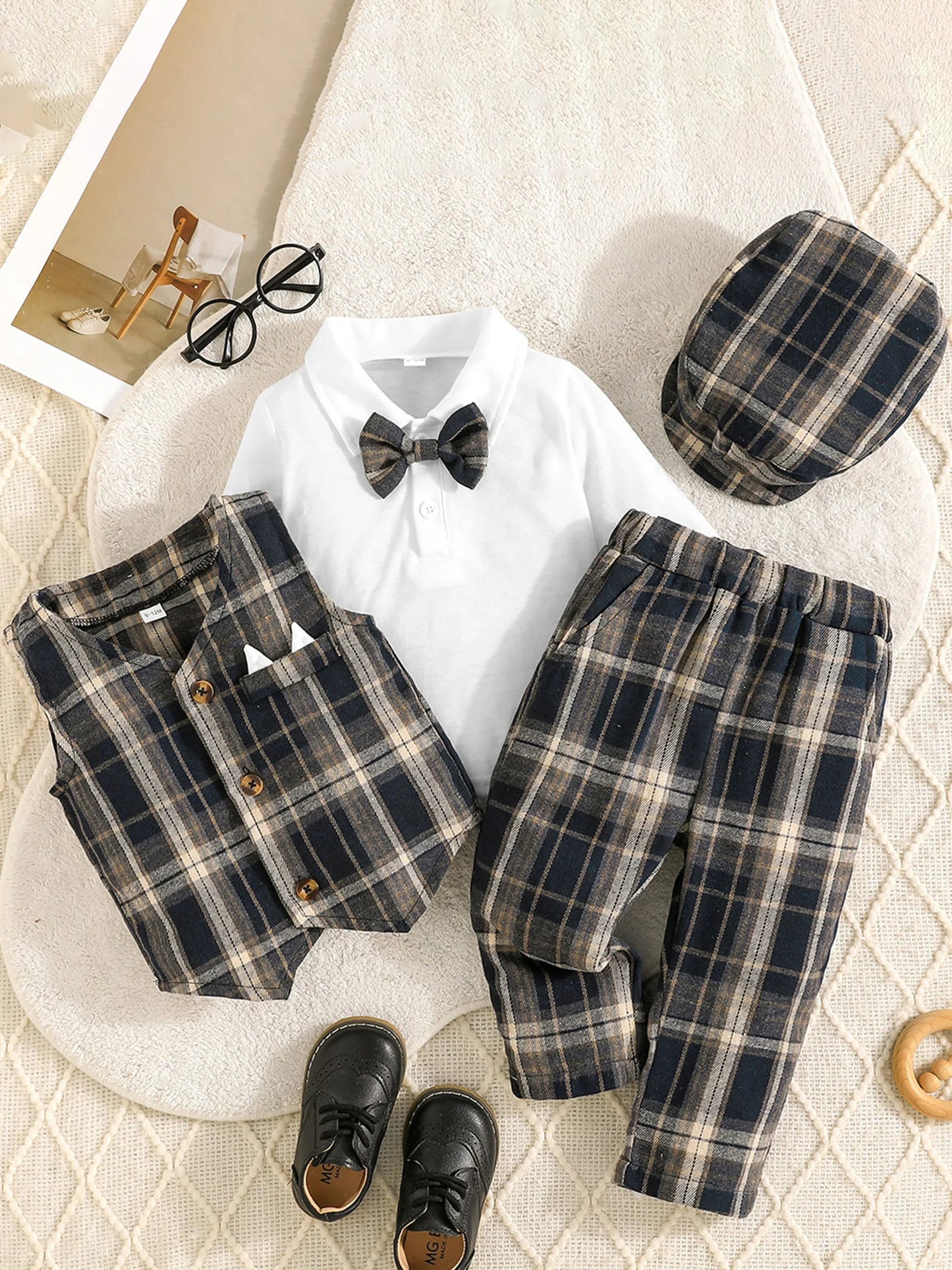 4Pcs Baby Boy Formal Wear Set with Long Sleeve Lapel Neck Shirt Plaid Button Down Vest Pants and Hat - Gentleman Outfit with