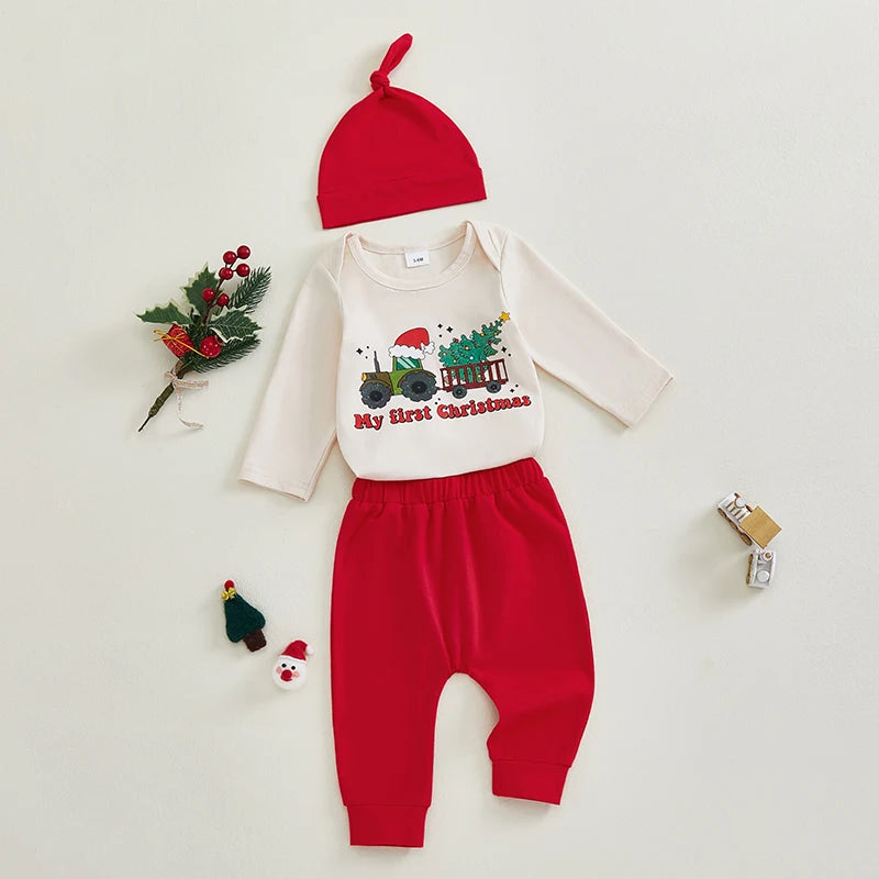Infant Christmas Outfit Adorable Long Sleeve Romper with Tree Print Matching Pants and Hat for Baby Boy s Holiday Look