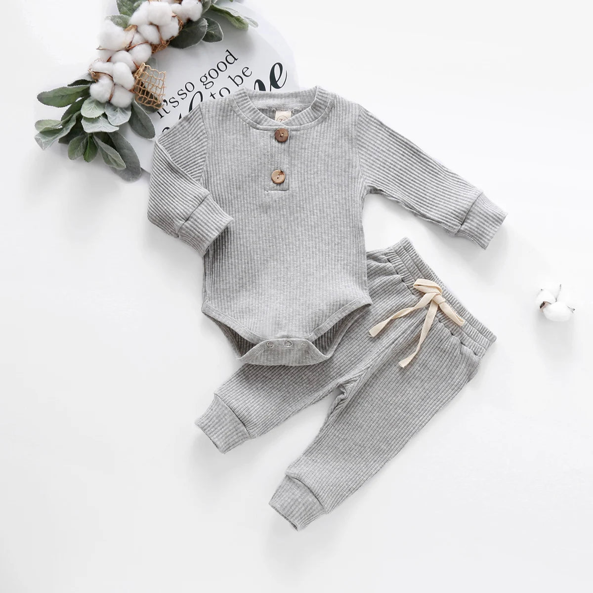 Spring Autumn Newborn Infant 2PCs Clothes Set for Boys & Girls Ribbed/Plaid/Solid Long Sleeve Bodysuit + Elastic Pants