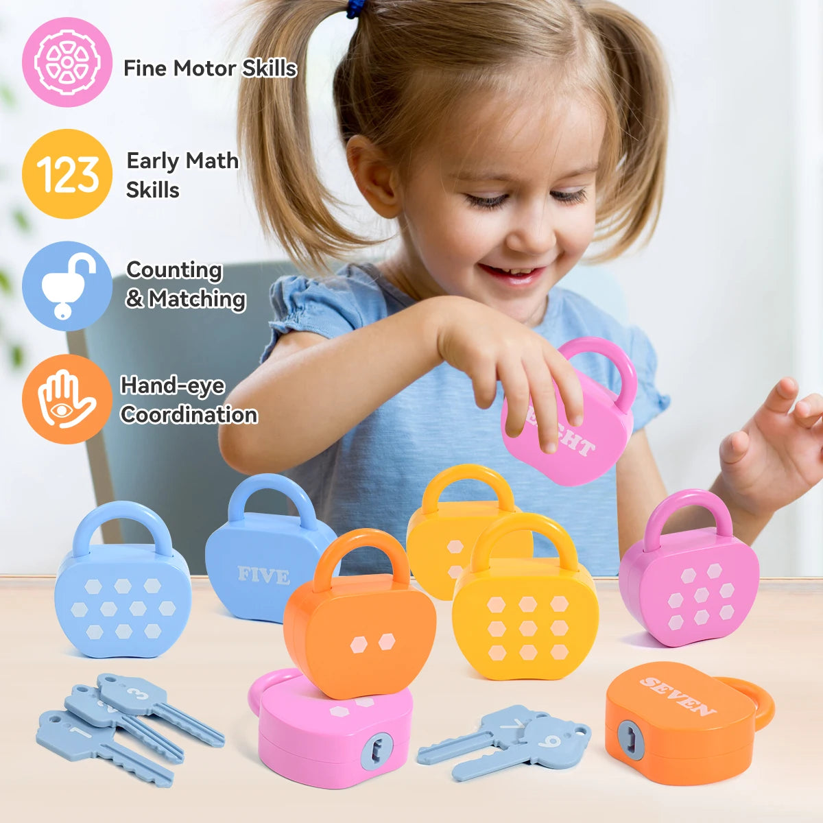 10 Set  Apple Locks Keys Cards Matching Toys Kids Educational Learning Matching Counting Homeschool Math Toy Gift for 3+ Child