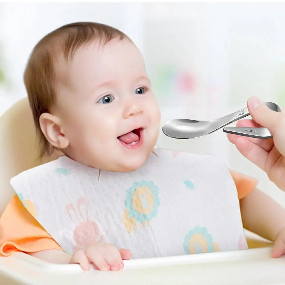 Stainless Steel Baby Forks and Spoons Set with Storage Box Curved Handle Cute Training Spoon Fork Food-grade Portable