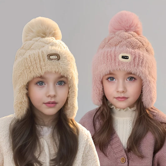 Kids Winter Warm Beanie with Ear Flaps Pastel Pink Windproof for Boys Girls Skiing Snowboarding
