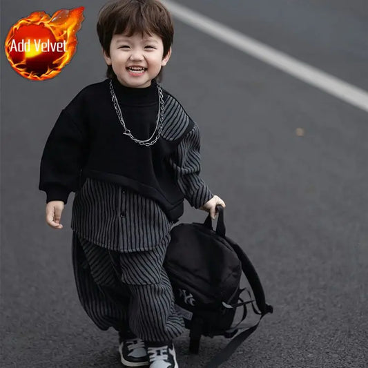 Fleece-Lined Hoodies Set Kids Clothes Boys Children's Suit for Boy Boy´s Clothing Winter 8 10 Year Old Sets Outdoor Top Bottom