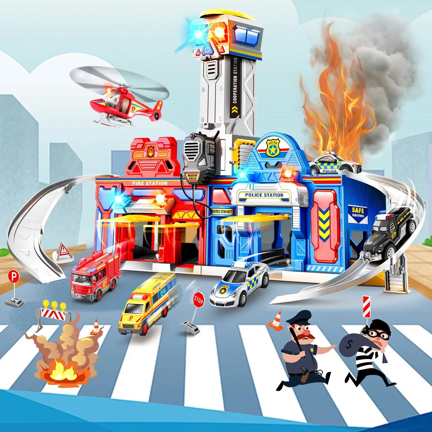 Kids Toys 29.5'' Large City Action Rescue Vehicle Toddler Police Fire Station Transform Track with 4 Cars Helicopter Gifts for3+