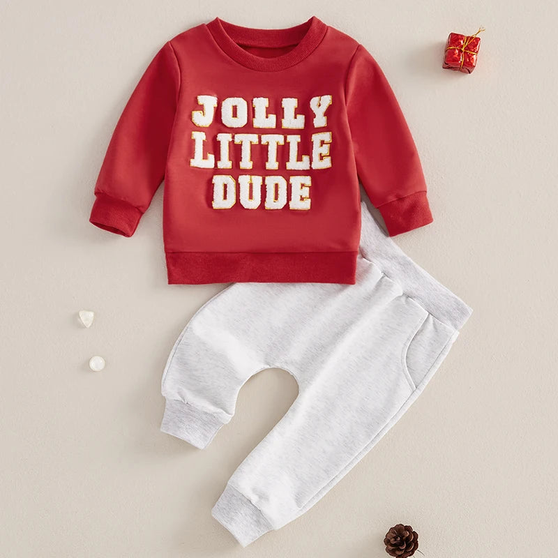 Baby Boy Christmas Outfit Letter Embroidery Pullover Sweatshirt Elastic Waist Pants 2 Piece Set for Winter Fall