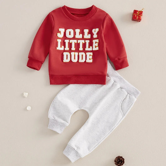 Baby Boy Christmas Outfit Letter Embroidery Pullover Sweatshirt Elastic Waist Pants 2 Piece Set for Winter Fall
