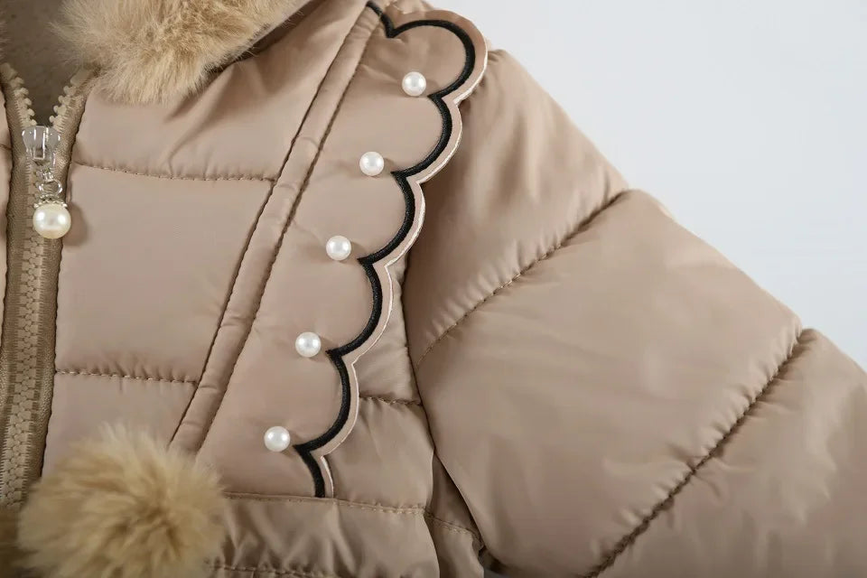 2025 Hooded Windproof coat Winter Girls Outwear Children Thick Cotton Coat Kids Girls Warm Pearls Jacket Plush Collar Outdorr