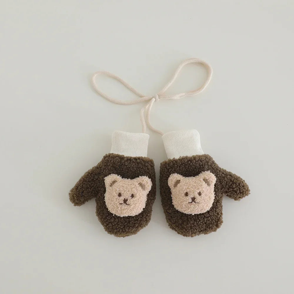 2-5Y Kids Cute Bear Full Finger Gloves - Winter Lamb Wool Warm Windproof Cold-Proof Outdoor Mittens for Boys & Girls