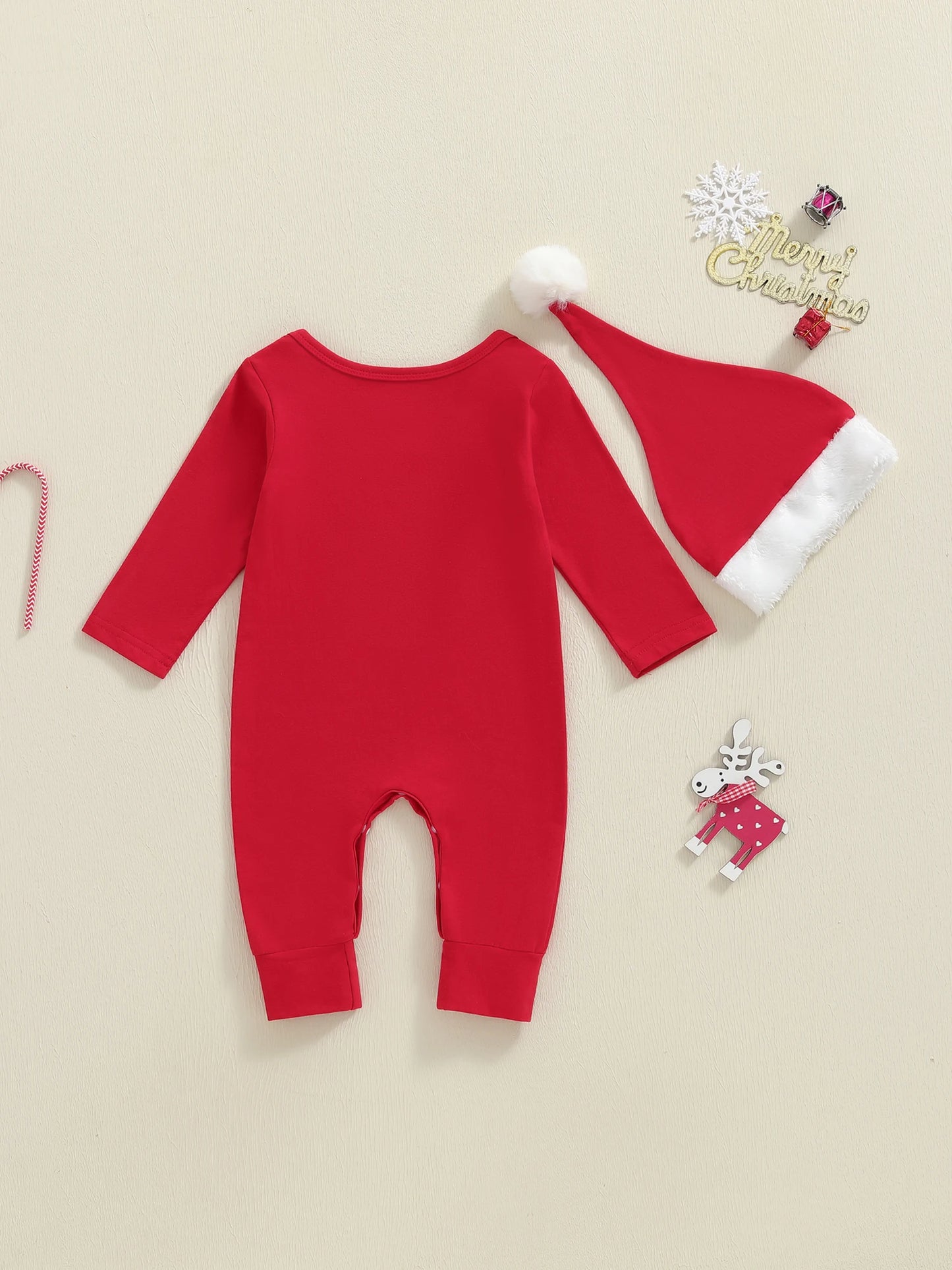 Infant Holiday Romper with Festive Santa Claus Embroidery Long Sleeves Round Neck and Matching Hat for Christmas Fun