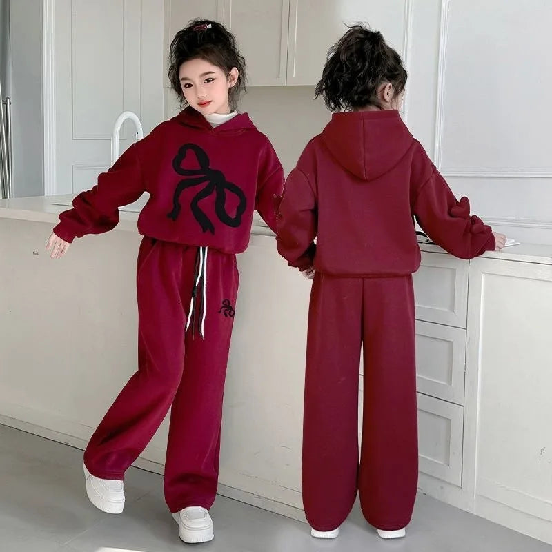 Fleece-lined Top & Pants 2-Piece Set Hoodies Bow Girls' Outfits Children's Clothing Korean Kids Clothes 11 12 Years Girl 10 Old
