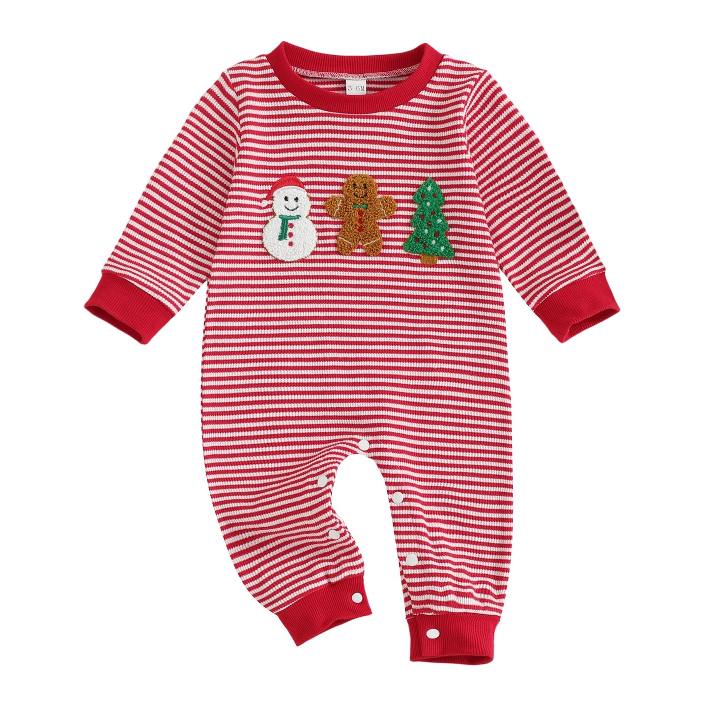 Infant Unisex Winter Romper Snowflake Embroidery Round Neck Long Sleeve Cozy Striped  for Holiday Season
