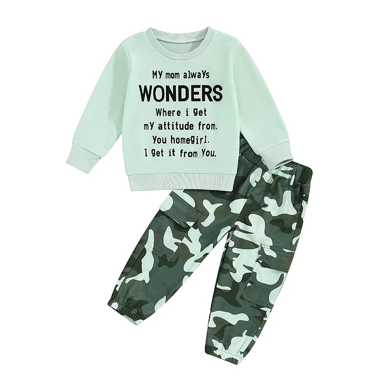 Girls 2-Piece Autumn Outfit with Long Sleeve O Neck Top and Camouflage Pants Featuring Letter Print