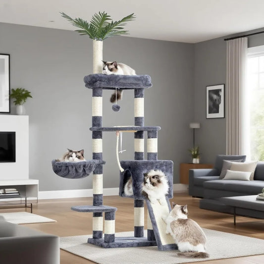 Cat Tree,Cat Tower for Indoor Cats, 65.4 inches Cat Condo with Perches, Basket,Multi-Level Plush Furniture
