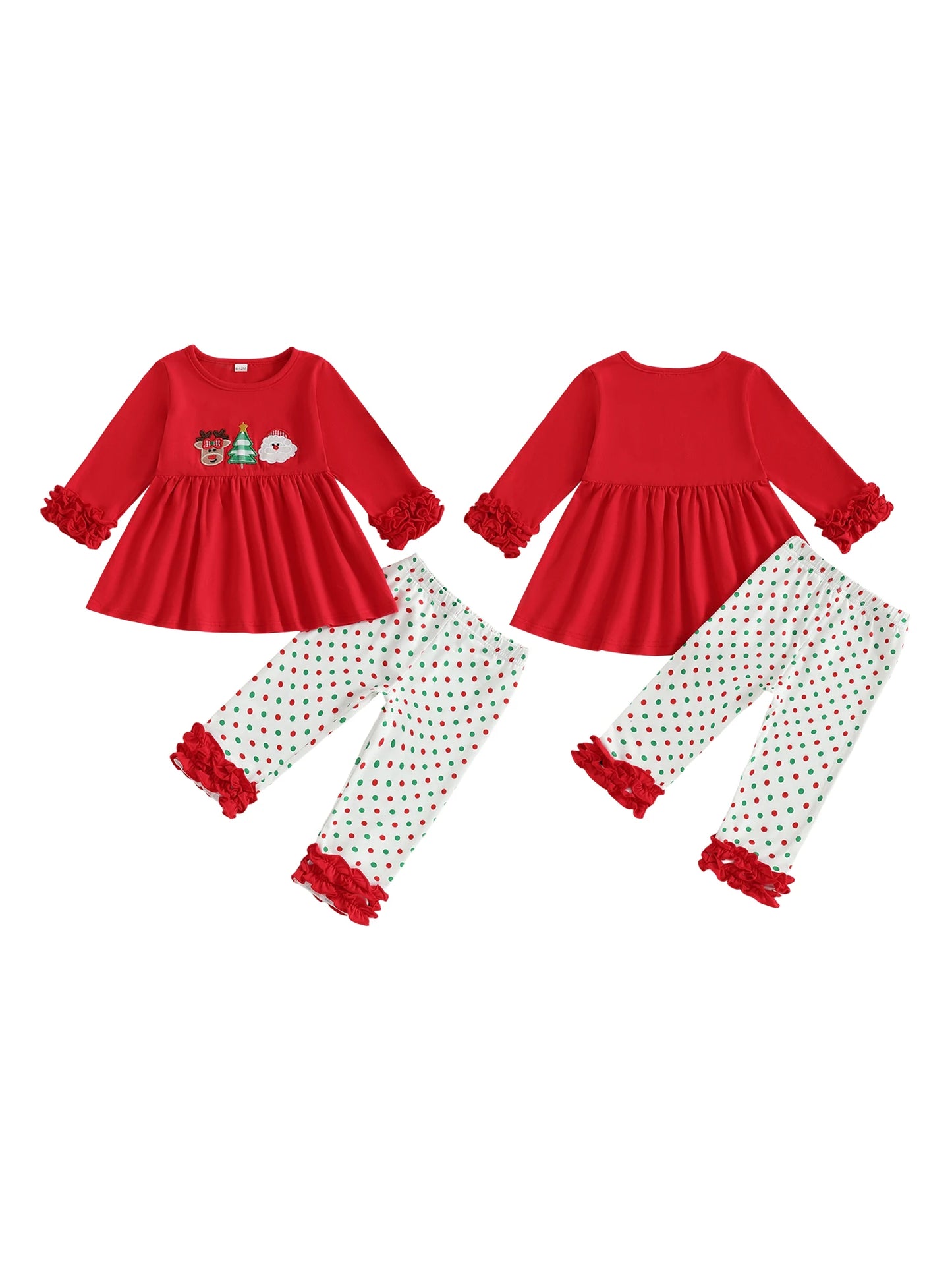 Baby Girl Winter Holiday Outfits Red Plaid Ruffle Sleeve Top Snowflake Print Leggings 2 Piece Set with Bow Detail