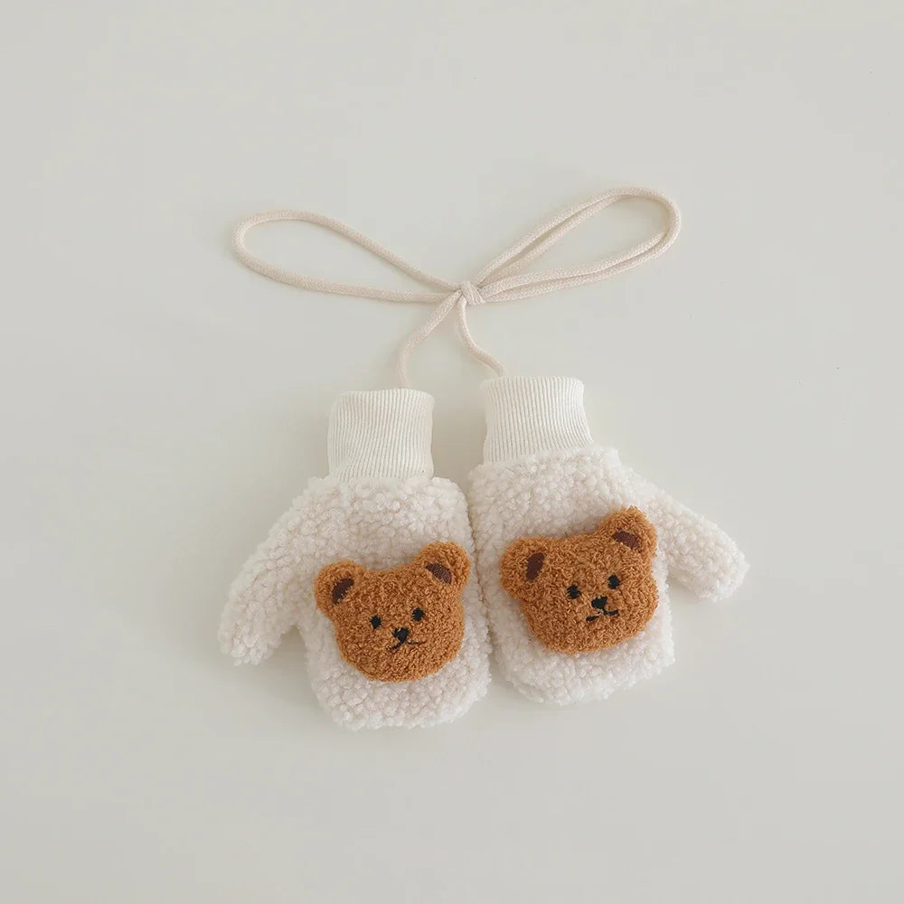 2-5Y Kids Cute Bear Full Finger Gloves - Winter Lamb Wool Warm Windproof Cold-Proof Outdoor Mittens for Boys & Girls
