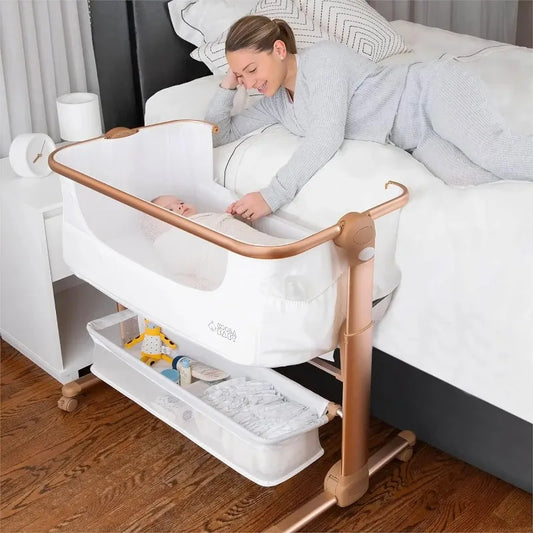 Discount Baby Bassinet, Easy Folding Portable Crib with Storage Basket for born, Bedside Bassinet, (Bassinet) (White & Gold)