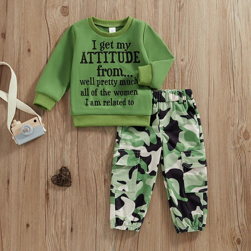 Toddler Boy Stylish Outfit Set Crew Neck Long Sleeve Graphic Tee Adjustable Waist Camo Cargo Joggers Little Boy 2 Piece Set