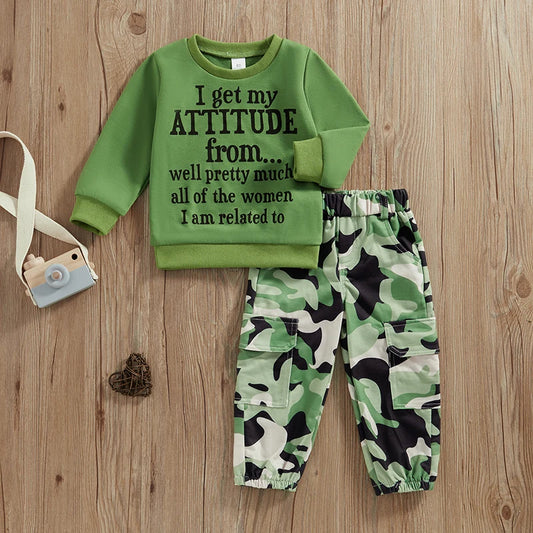 Toddler Boy Stylish Outfit Set Crew Neck Long Sleeve Graphic Tee Adjustable Waist Camo Cargo Joggers Little Boy 2 Piece Set