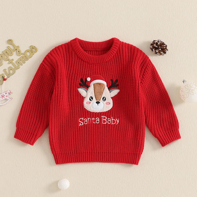 Toddler Holiday Sweater Cozy Knitted Reindeer Pattern Crew Neck Pullover Festive Christmas Jumper for Kids