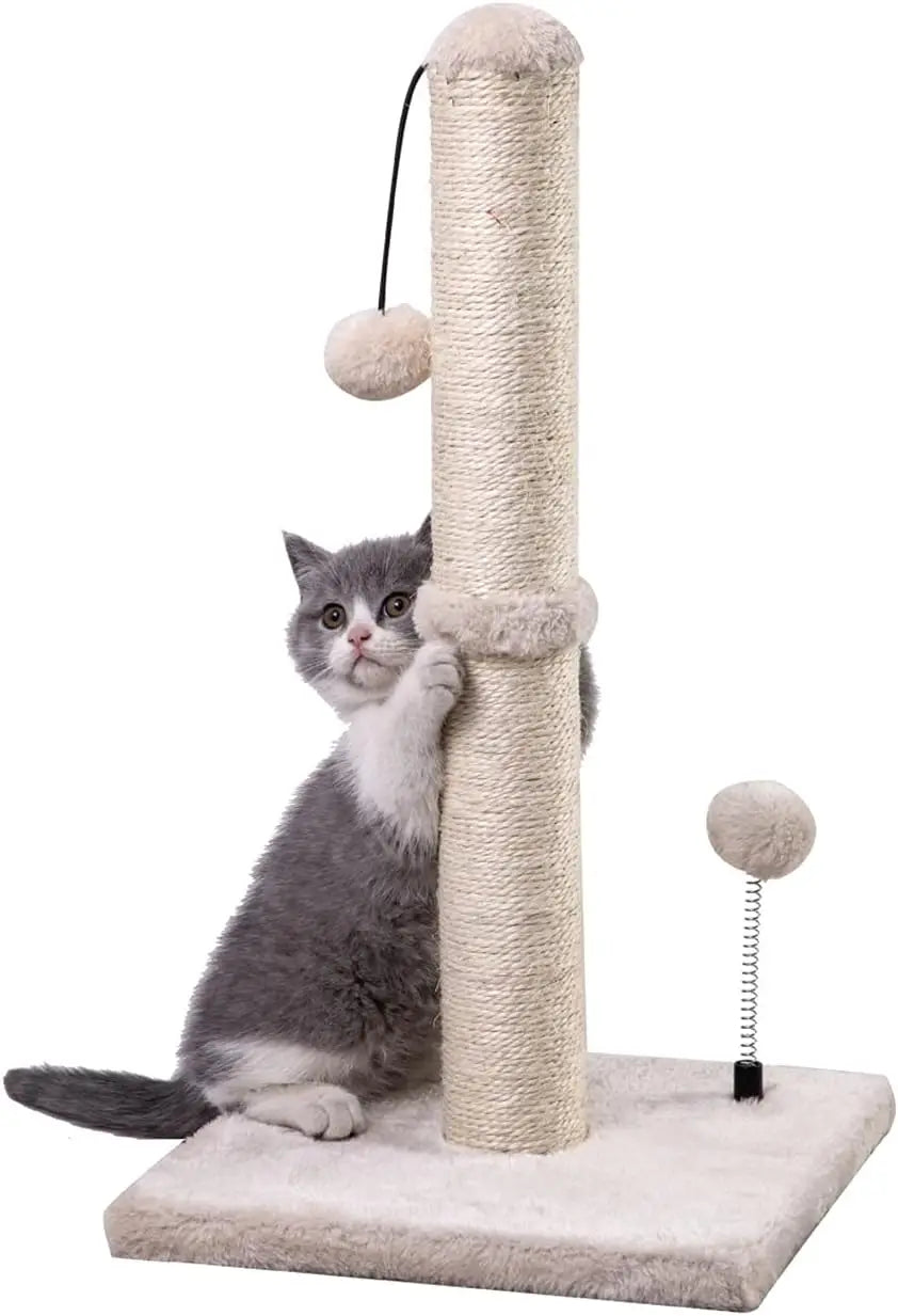 Cat Scratching Post with Hanging Ball - 22” Sisal Scratch Pad for Kittens & Small Cats - Durable Basics Design - Beige