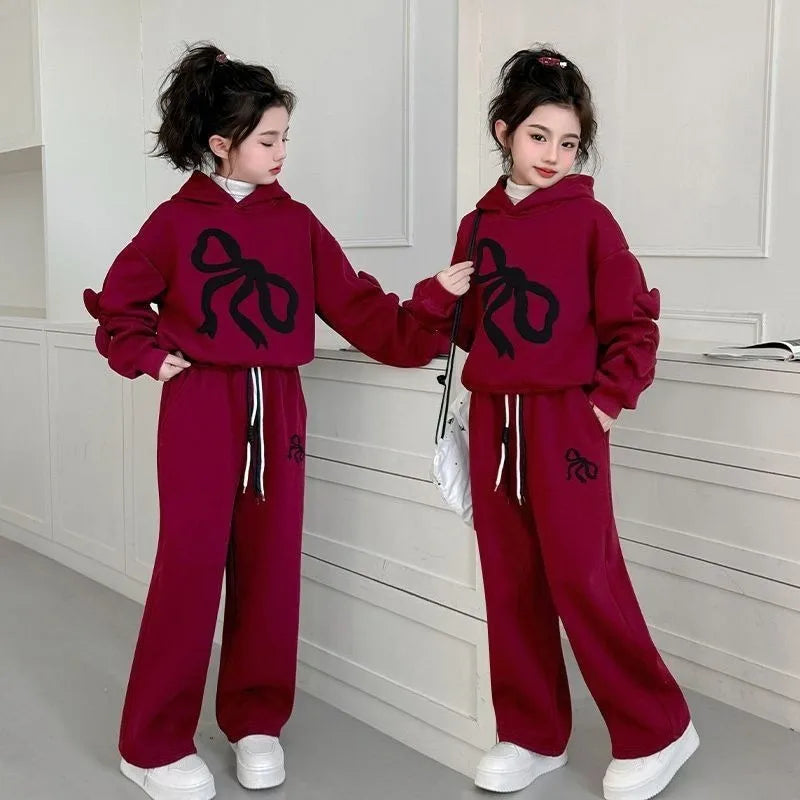 Fleece-lined Top & Pants 2-Piece Set Hoodies Bow Girls' Outfits Children's Clothing Korean Kids Clothes 11 12 Years Girl 10 Old