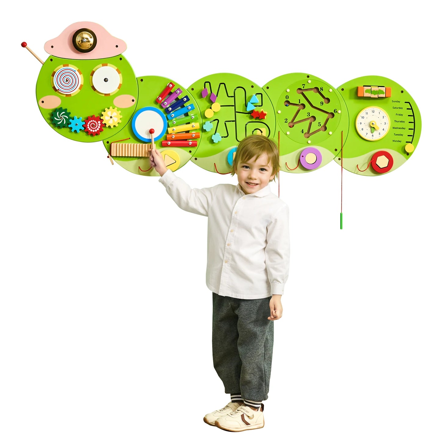 SucceBuy Caterpillar Children Wall Busy Board 12 Activities Montessori Sensory Learning Center for Kids 3-12 Years Playroom Toys