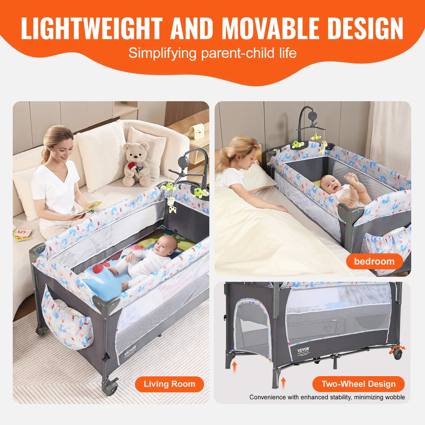 SucceBuy Baby Bassinet 77 pounds Load Capacity Easy to Fold Portable Baby Bassinet Bedside Sleeper with Storage Basket & Wheels