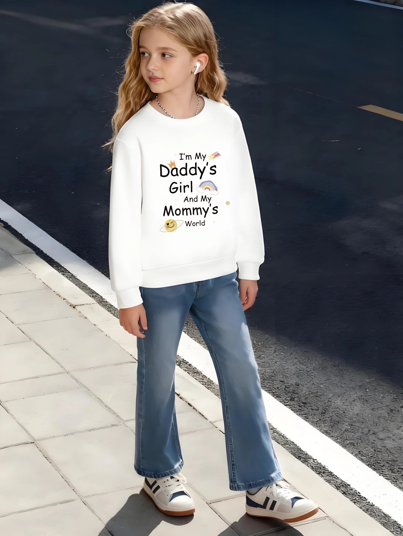 Kids Crew Neck Sweatshirt I'm My Daddy's Girl Mommy's World Rainbow Boys Girls Graphic White Pullover For Family